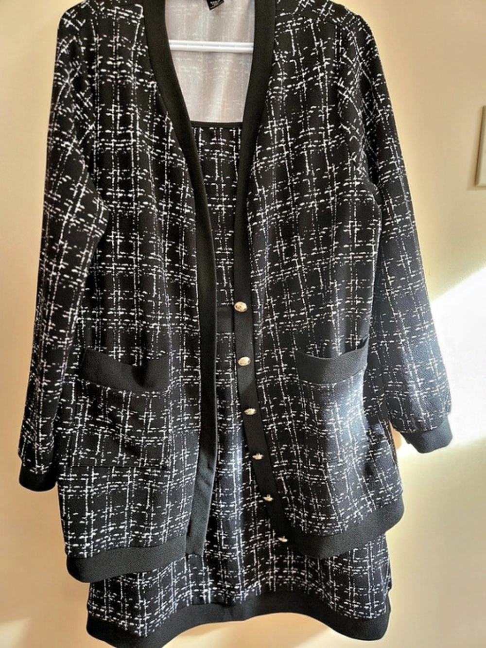 SHEIN CURVE Black & White Tweed Grid 2-Piece Dress & Cardigan Set - Size 2XL